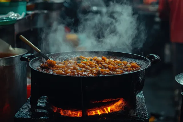Black cauldron pot boiling over open flames with smoky steam in a traditional kitchen