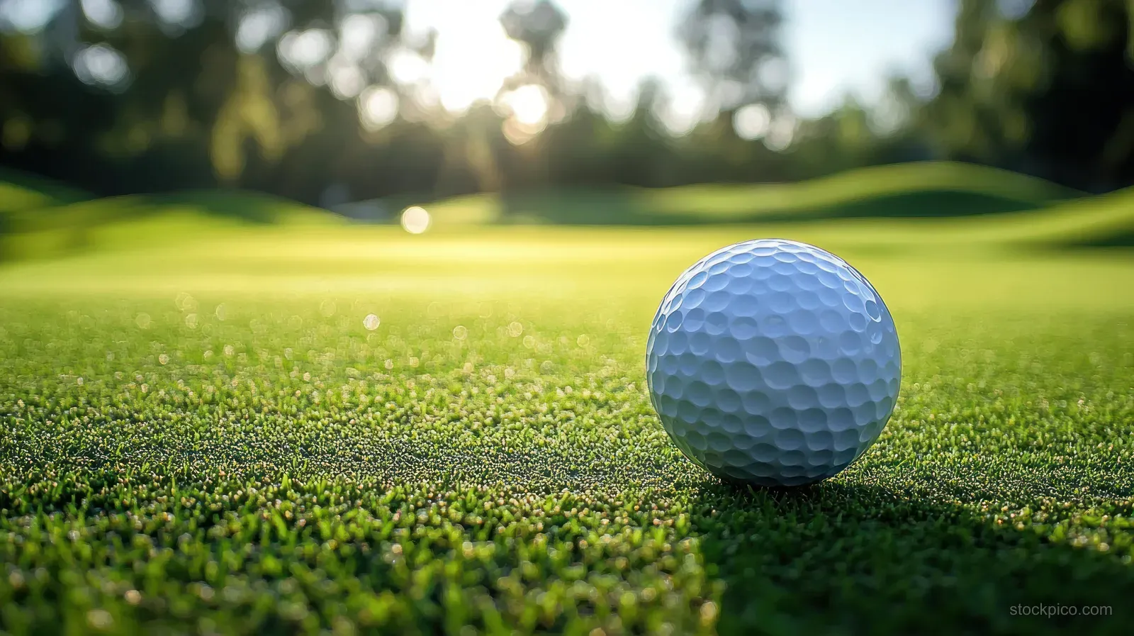 Golf ball on green putting grass with soft sunlight and a blurred tree-lined background.