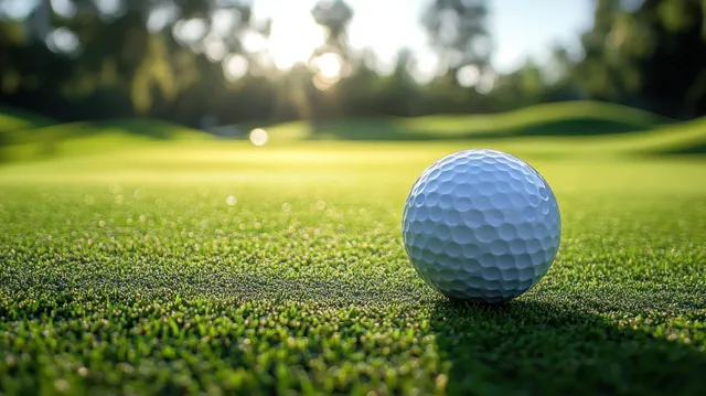 Golf ball resting on putting green grass with soft morning sunlight and blurred trees