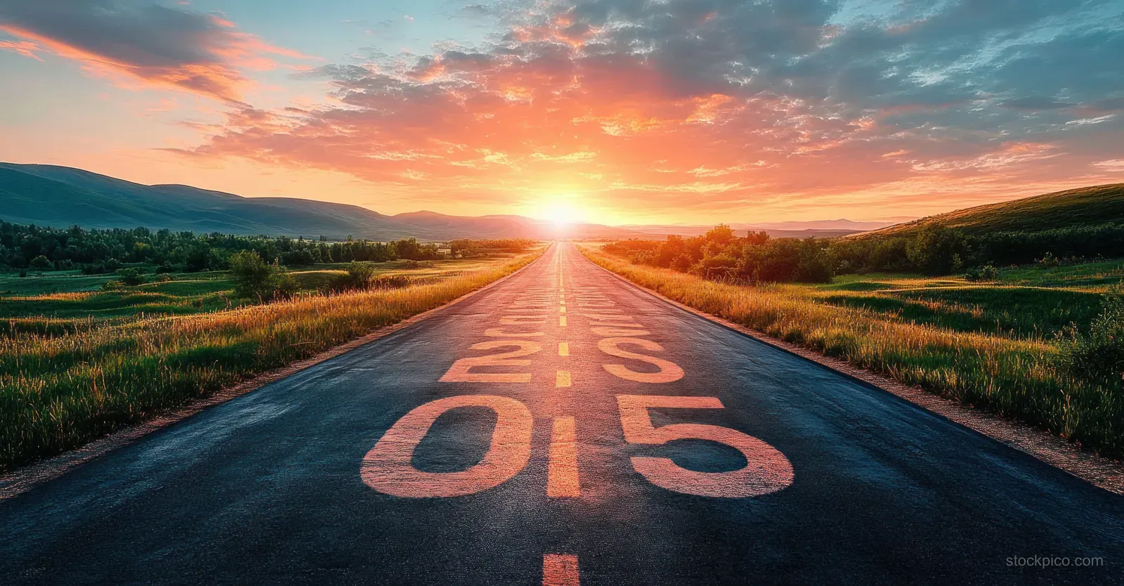 A rural road at sunset with glowing 2025 numerals painted on the asphalt and fields on both sides.
