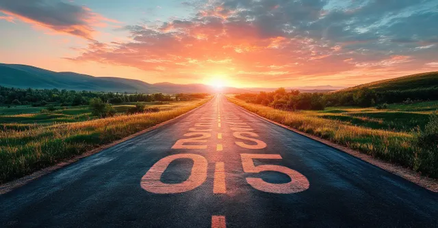 Surreal road at sunset with glowing 2025 numerals painted on asphalt