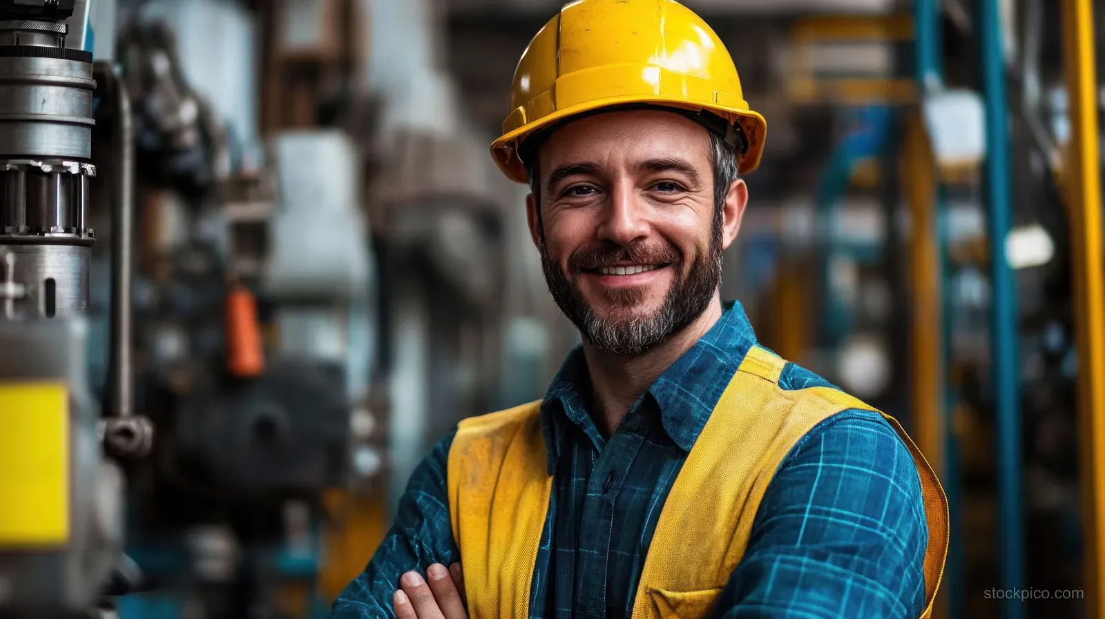 A male factory worker in a yellow hard hat and safety vest smiles with crossed arms in front of industrial machinery.