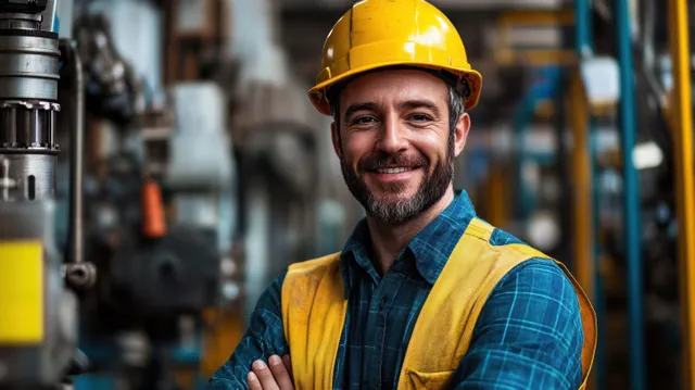A male factory worker in a yellow hard hat and safety vest smiles with crossed arms in front of industrial machinery.