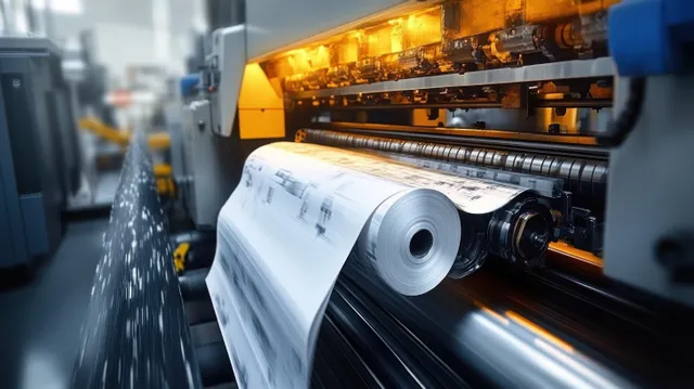 Industrial blueprint printer feeds continuous roll while warm lights reveal rollers and metal parts