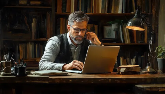 Gray-bearded man in glasses types on a laptop at a wooden library desk under a warm lamp light.