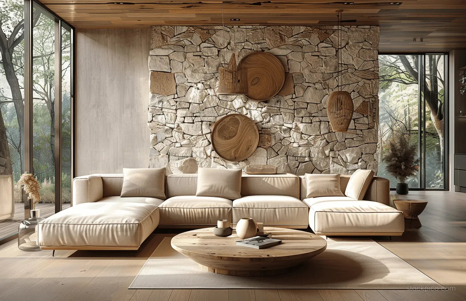 White sectional sofa and round coffee table in a minimalist living room with wood and stone fireplace wall decor.