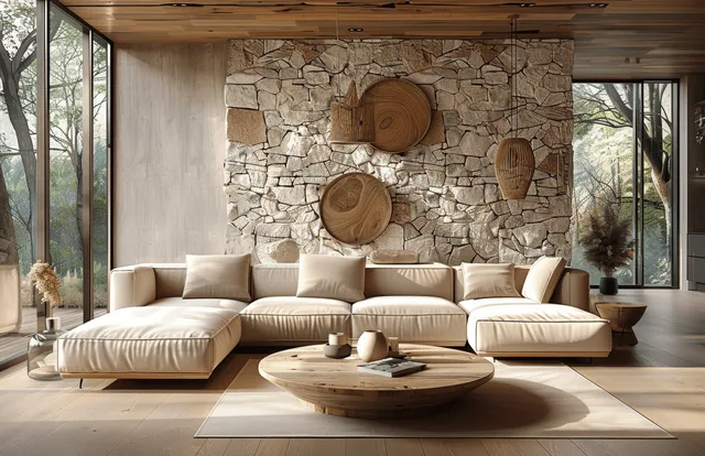 White sectional sofa and round coffee table in a minimalist living room with wood and stone fireplace wall decor.