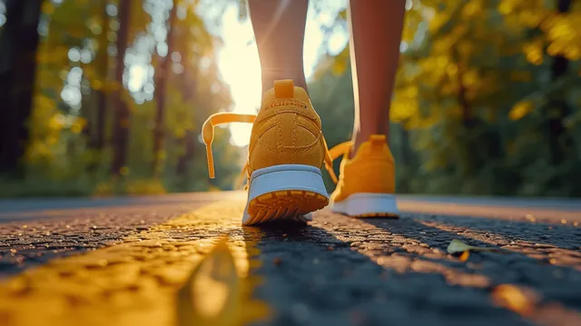 Child’s sneakers step along a sunlit park path covered with autumn leaves in the foreground.