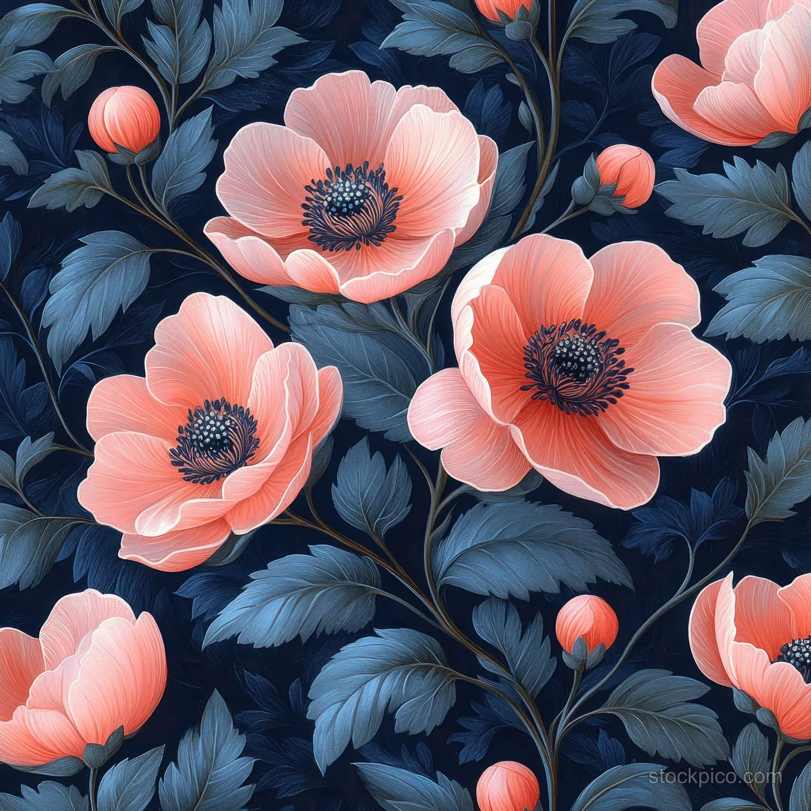 Coral pink poppy flowers and dark green leaves arranged in an Art Nouveau floral pattern on a navy background.