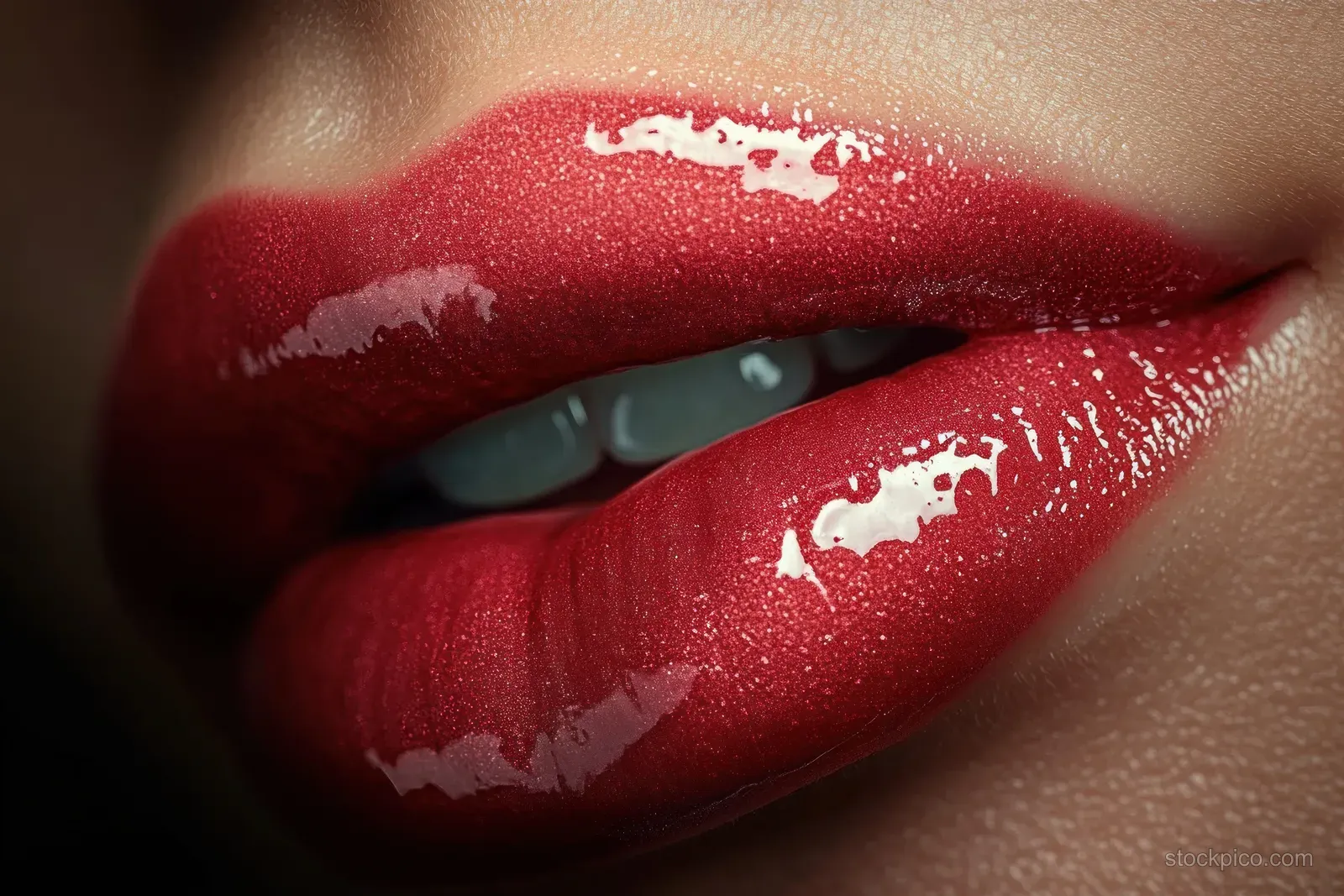 Glossy red lips slightly parted reveal white teeth, with reflective lip gloss highlights around the mouth.
