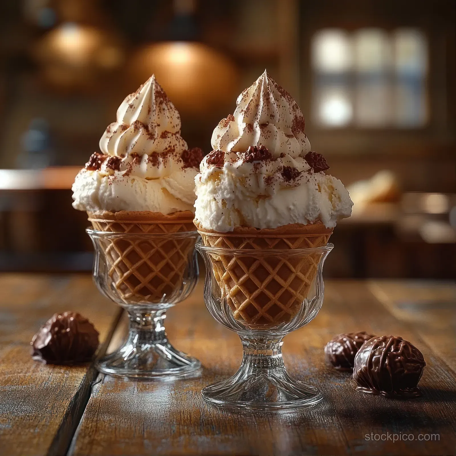 Two waffle cones of creamy ice cream in glass cups on a wooden table with chocolate truffles around them.