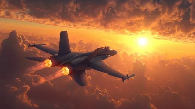 A fighter jet banks through sunset clouds, glowing afterburner flames streaking behind it.