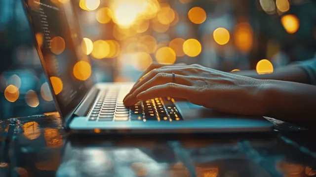 A businesswoman types on a laptop at her office desk, illuminated by natural light with a softly blurred background.