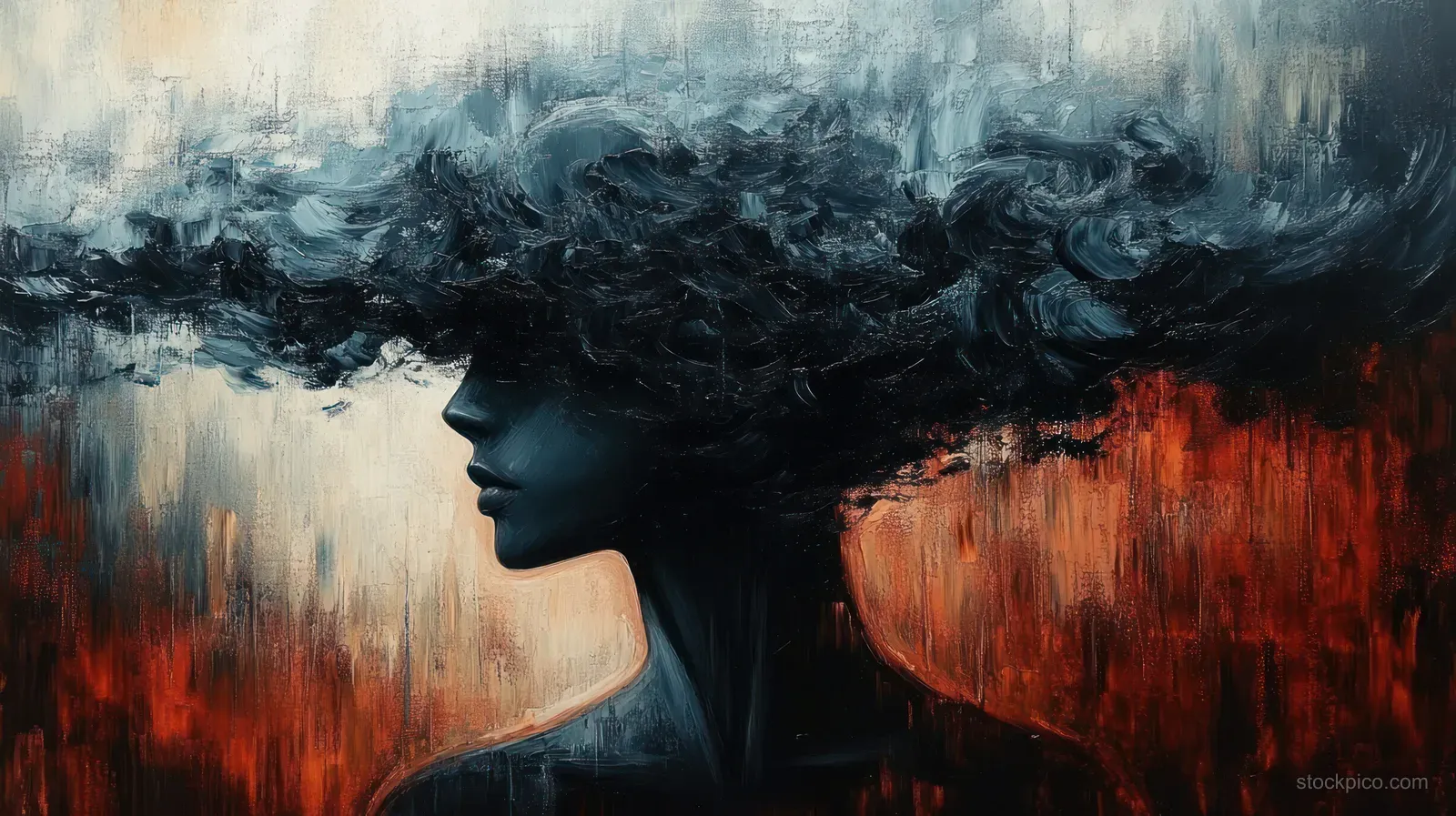 Faceless dark profile silhouette sits within stormy gray clouds and red smears of paint, conveying emotional turmoil.