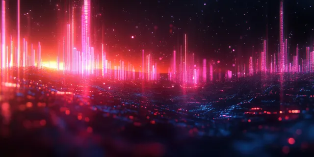 Neon purple financial growth chart bars rise over a dark futuristic city skyline with a glowing data grid.