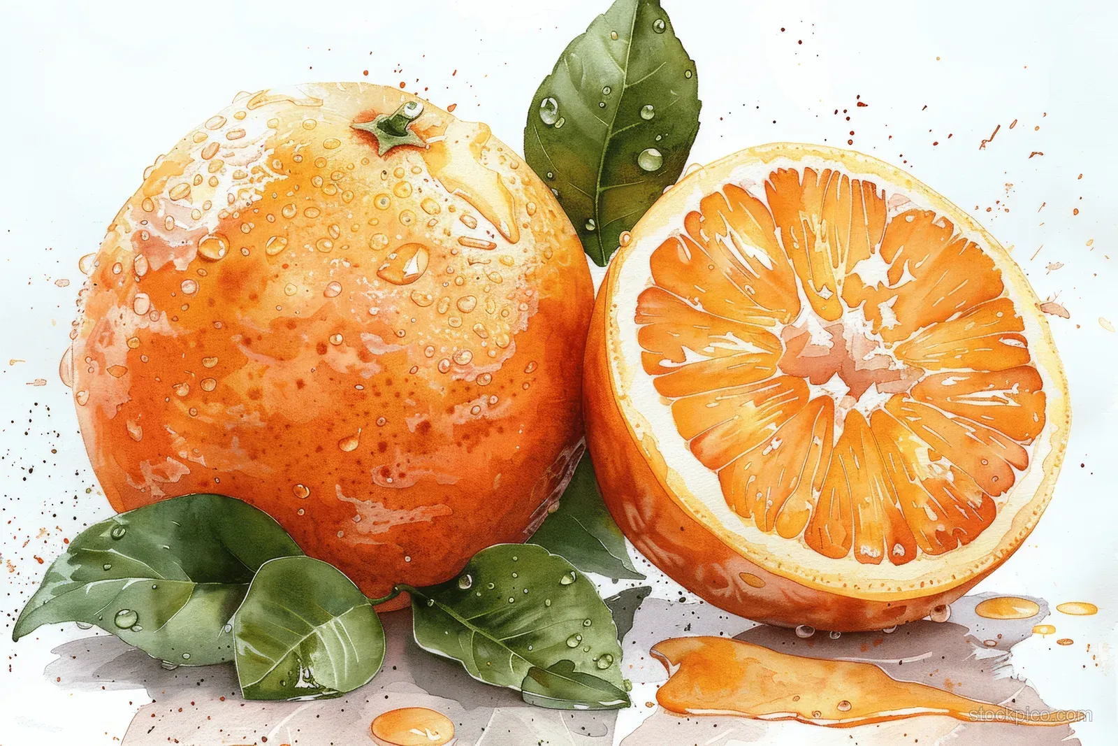 Watercolor oranges with leaves and a halved orange showing juicy segments with small splashes on white.