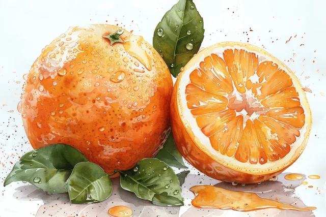 Watercolor oranges with leaves, halved fruit and juice splashes on white background