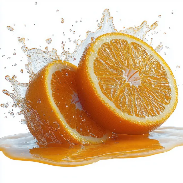 Orange halves splash into juice on white background with vibrant droplets and wet texture