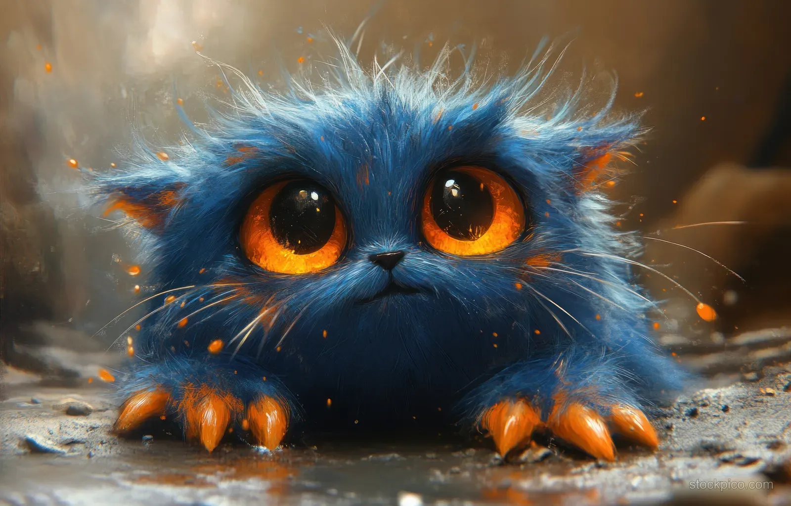 A blue fuzzy monster with orange claws and glowing eyes faces the camera amid sparks and rubble.