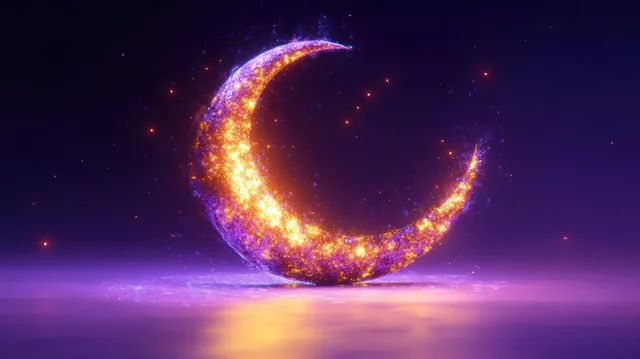 A glowing crescent moon formed by golden and purple sparkles reflects on a dark purple surface.