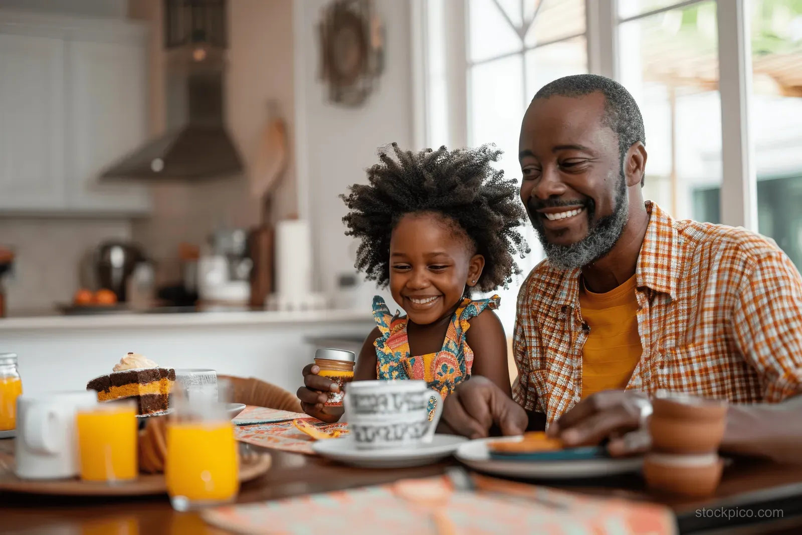 Black father, daughter, and grandmother smile at a breakfast table in a sunlit kitchen with orange juice and pastries.