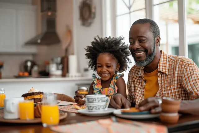 Black father, daughter, and grandmother smile at a breakfast table in a sunlit kitchen with orange juice and pastries.