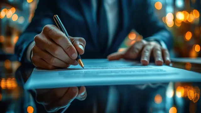 An executive in a suit signs a contract with a pen on a glossy desk under warm office lights.