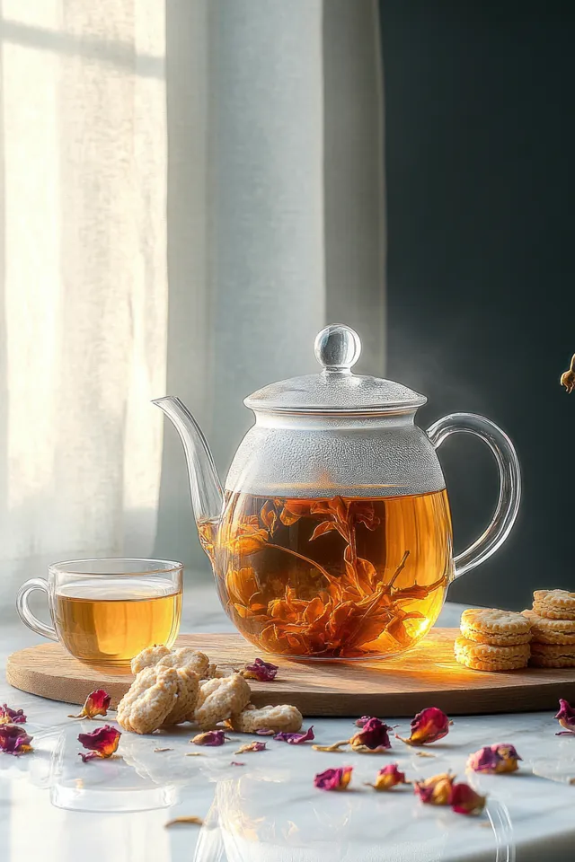 Glass teapot steeping floral tea with cup on wooden tray, rose petals and cookies