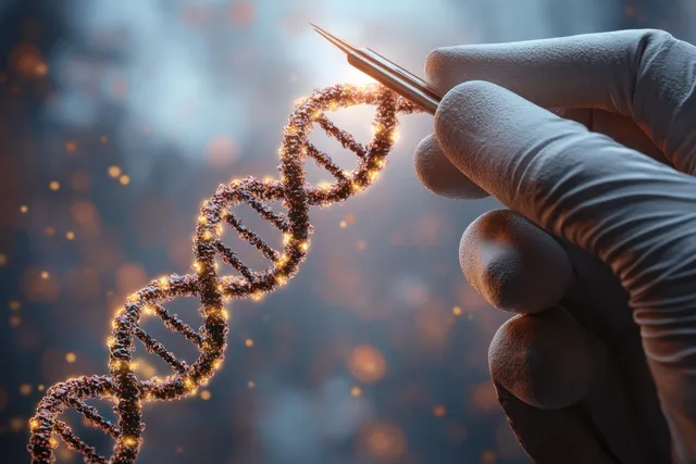 Gloved hand with tweezers moves glowing DNA double helix in dark lab