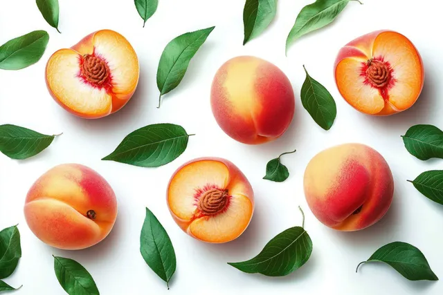 Whole and halved ripe peaches with green leaves scattered on a white background.
