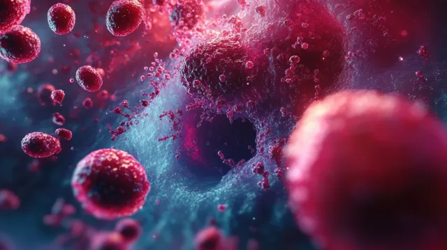 Red blood cells move through a blood vessel in a microscopic view with swirling fluid around them.