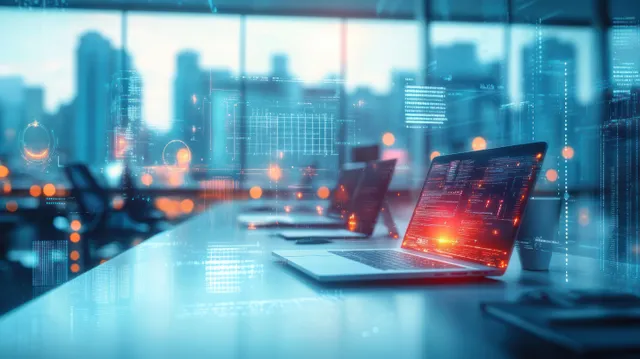 Office desk with open laptop displaying analytics, network grid and glowing data overlays outside windows