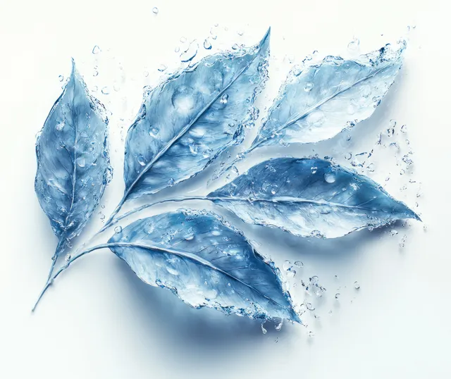 Water arrow leaves splashing across a bright white background with crisp droplets