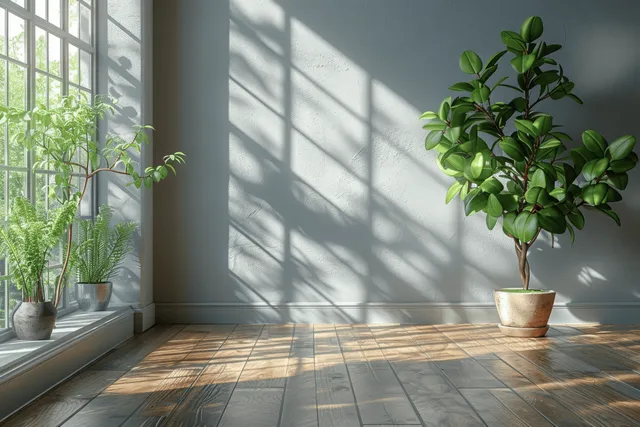 Potted leafy plants sit indoors by large windows as sunlight creates striped shadows across a wooden floor.