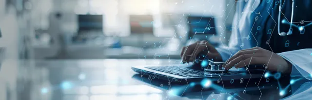 Doctor’s hands typing AI EKG analysis on transparent holographic interface in hospital