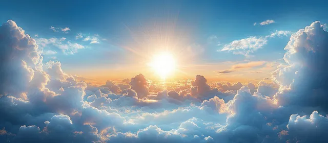 Sunburst above a sea of fluffy clouds, blue-to-orange gradient sunset sky