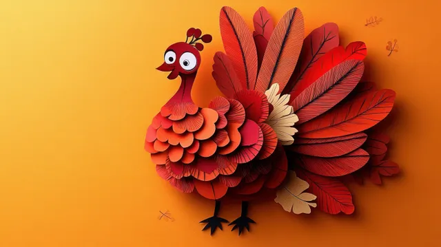 Layered paper bird with red and orange feathers on a warm orange background.