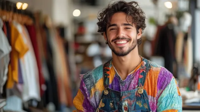 Smiling curly-haired young man posing in a clothing store wearing patchwork denim overalls