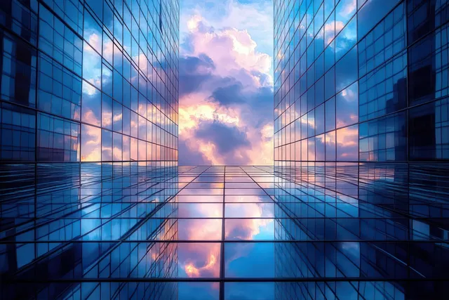 Symmetrical reflective glass skyscrapers mirror a vibrant sunset sky and colorful clouds across their windows.