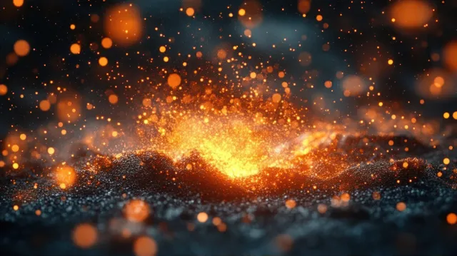 Bright orange molten lava erupts into a cloud of glowing embers against a dark volcanic background.