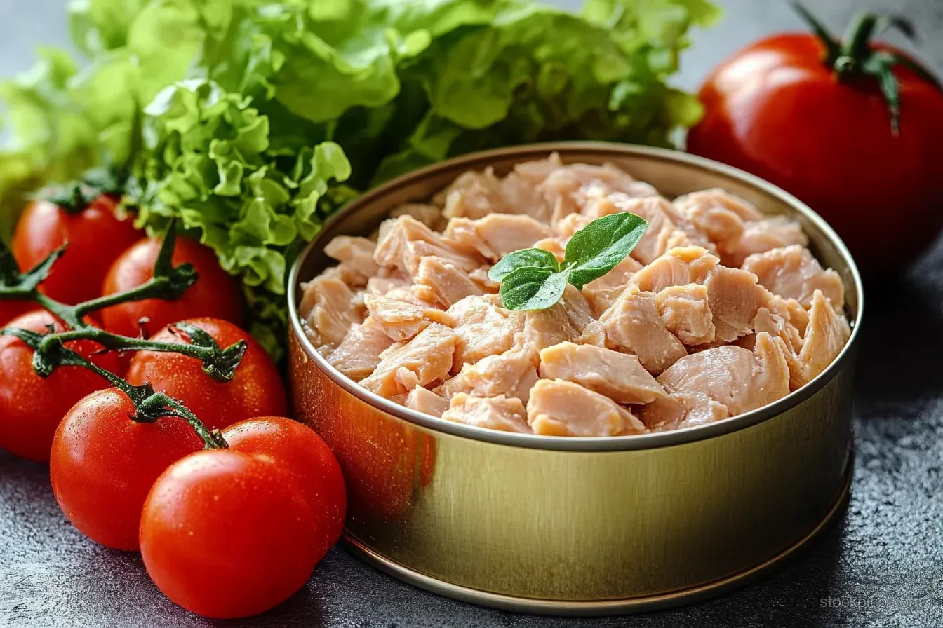Open tuna tin with flaked fish and basil garnish beside red tomatoes and green lettuce on a textured surface.