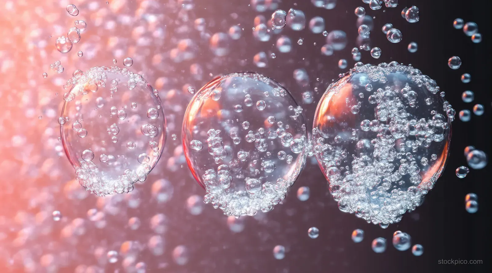 Clear bubbles rise in water against a soft pink and blue gradient background.