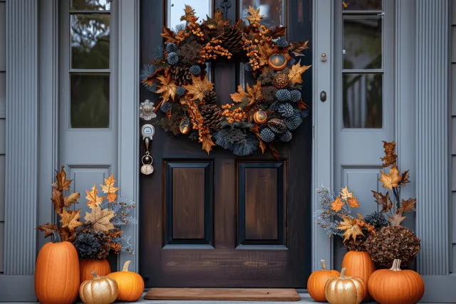 Pumpkin and leaf wreath hangs on a rustic brown front door with small pumpkins on the porch floor.