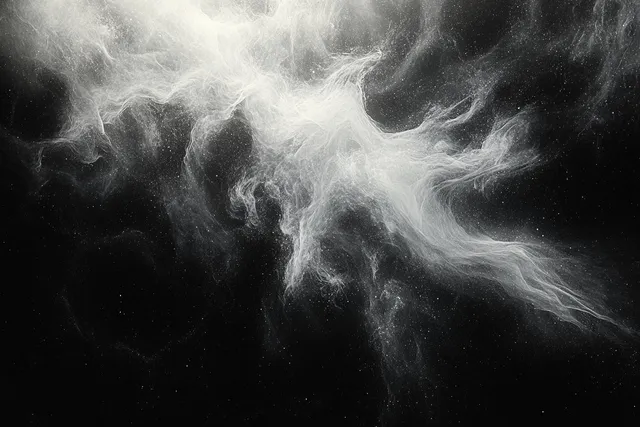White smoke mist swirls across a black backdrop, forming delicate curling wisps.