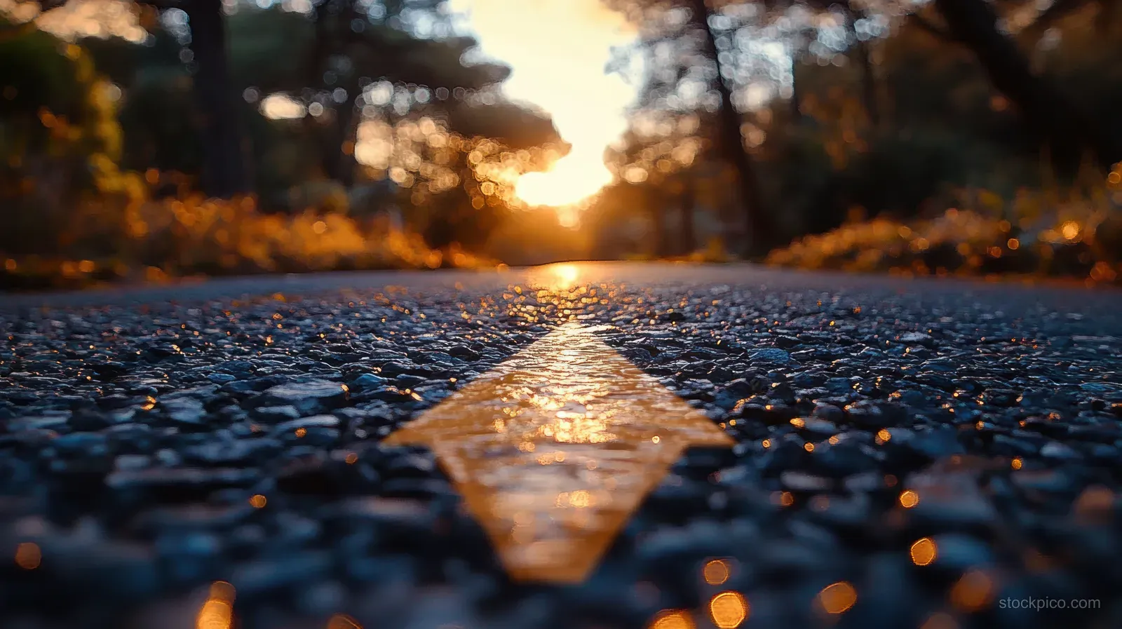 Sunrise light reflects on a road as a bright arrow on the pavement points forward.