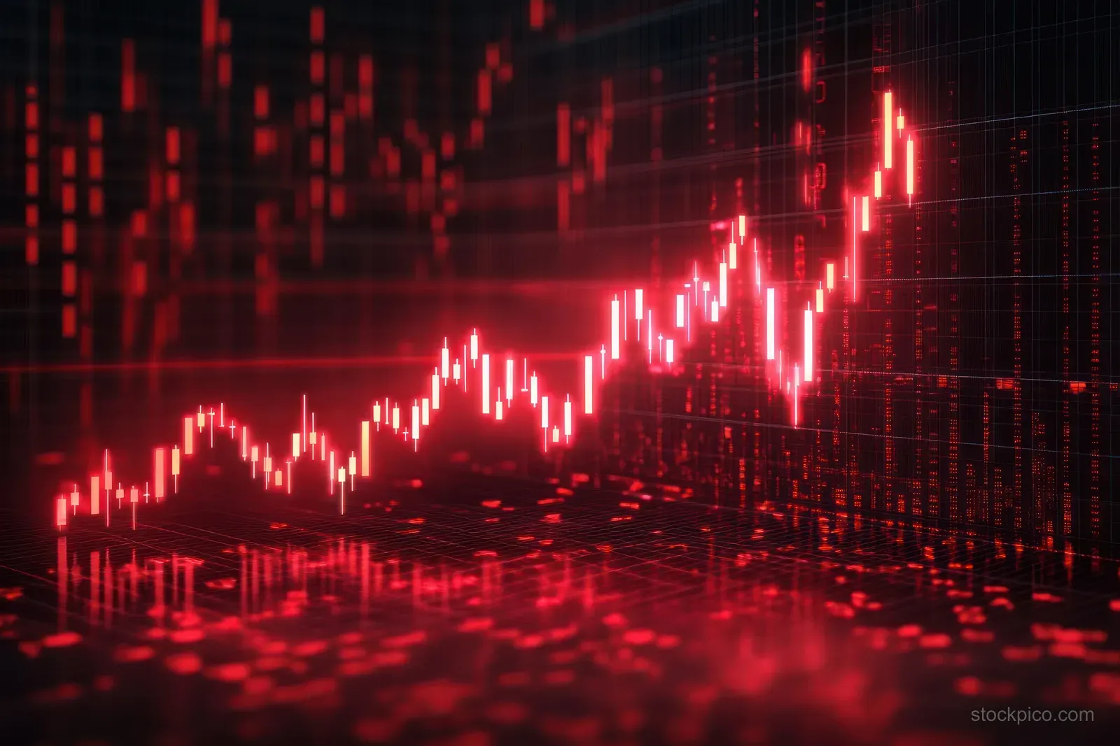 Red candlestick chart shows a sharp downward stock market trend across a dark grid background.
