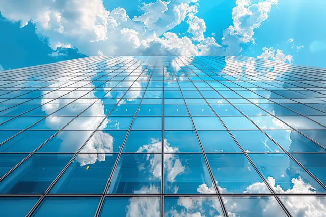 Glass skyscraper facade reflecting blue sky and billowy clouds under dramatic upward perspective