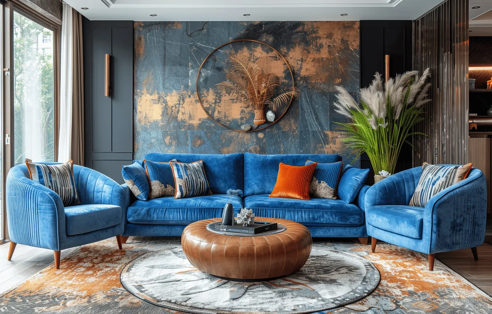 Turquoise velvet sofas frame a leather round coffee table in a modern living room with patterned rug and wall art.