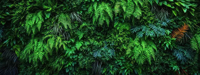 Dense tropical fern leaves cover a wall, forming a textured green backdrop.