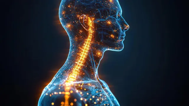 A side profile human upper body with a glowing spine and branching blue and orange neural pathways on a dark background.